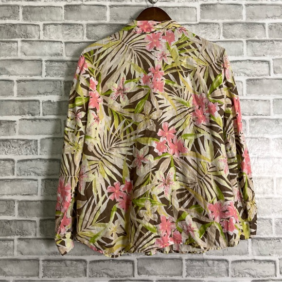 J. Jill Green Yellow Lightweight Linen Tropical Palm Print Button Front Blouse M - Picture 3 of 7